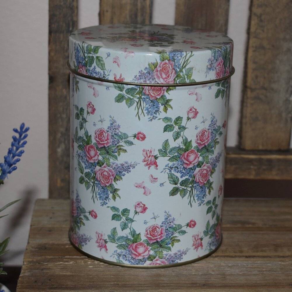 Vintage Floral Pink Roses Flowers Metal Tin Container Country Cottagecore Decor